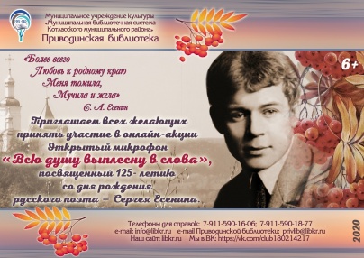 Приводинская библиотека МУК «МБС Котласского муниципального района» 3 октября 2020 года проводит литературную акцию- онлайн «Всю душу выплесну в слова» в формате открытого микрофона.